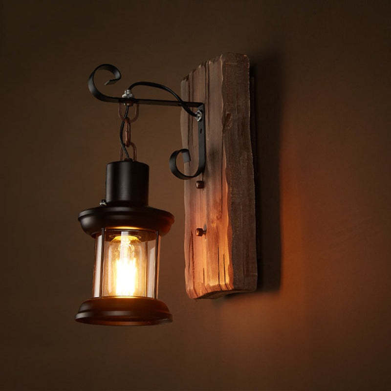 Alessio Industrial Rustico Lantern Metal/Madera Aplique de Pared Negra/Bronce