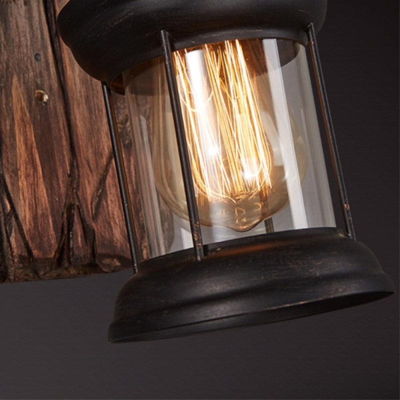 Alessio Industrial Rustico Lantern Metal/Madera Aplique de Pared Negra/Bronce