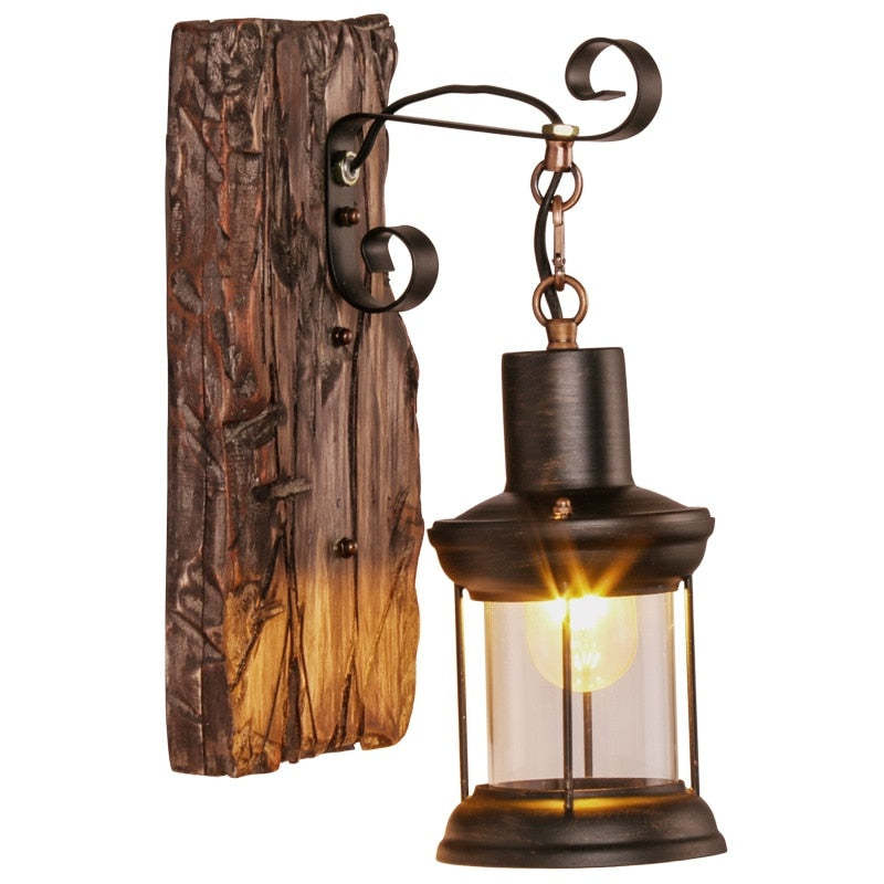 Alessio Industrial Rustico Lantern Metal/Madera Aplique de Pared Negra/Bronce