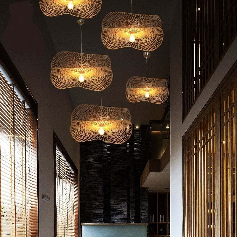 Muto Zen Art Déco Irregularmente Metal/Ratán LED Lámpara Colgante Madera