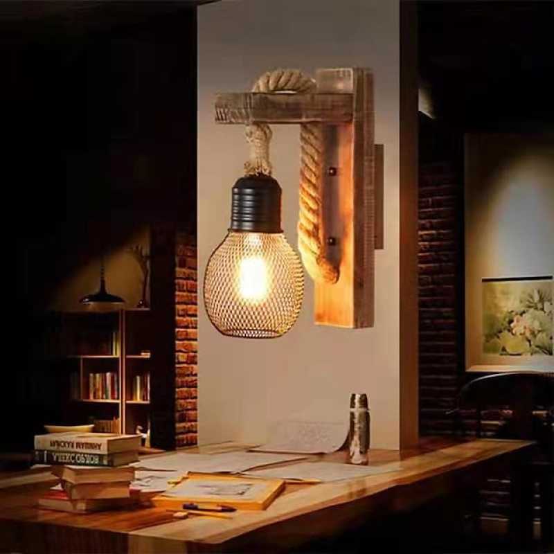 Retro Vintage Madera/Metal LED Aplique de Pared Marrón Oscuro