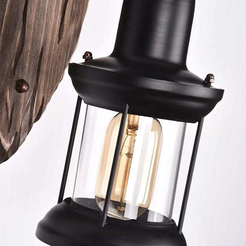 Alessio Industrial Rustico Lantern Metal/Madera Aplique de Pared Negra/Bronce