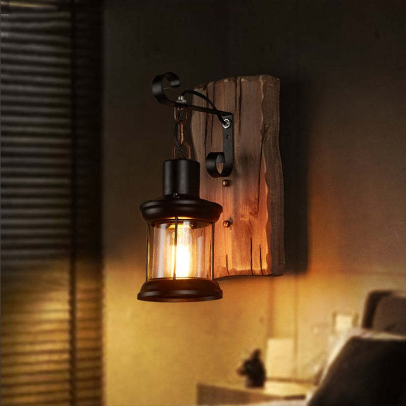 Alessio Industrial Rustico Lantern Metal/Madera Aplique de Pared Negra/Bronce