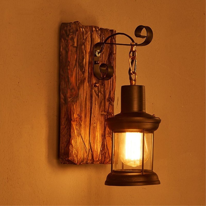 Alessio Industrial Rustico Lantern Metal/Madera Aplique de Pared Negra/Bronce